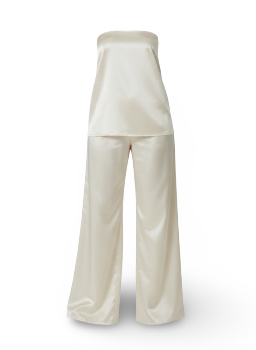 Satin Strapless Two-Piece Pant co-Ord Outfit– Off-White , Black, Brown with White Polka Dot