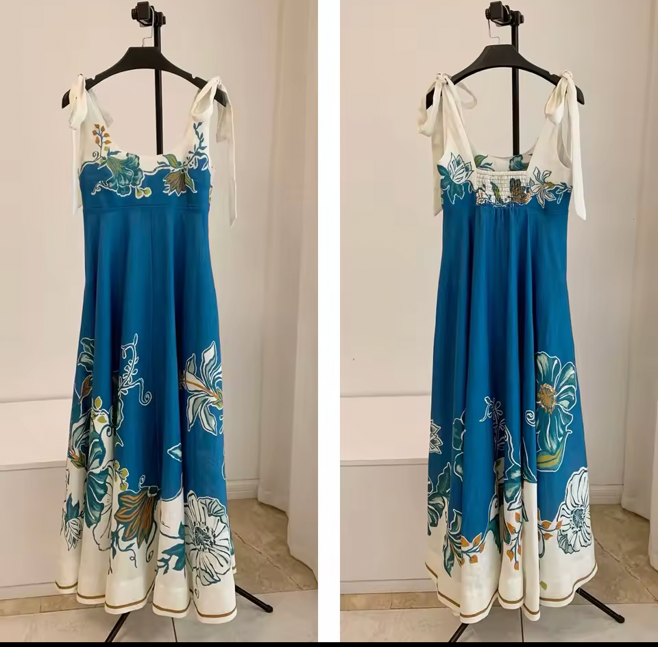 Women’s Parisian Floral Print Bow Shoulder Maxi Dress – Sleeveless Linen Blend Summer Sundress