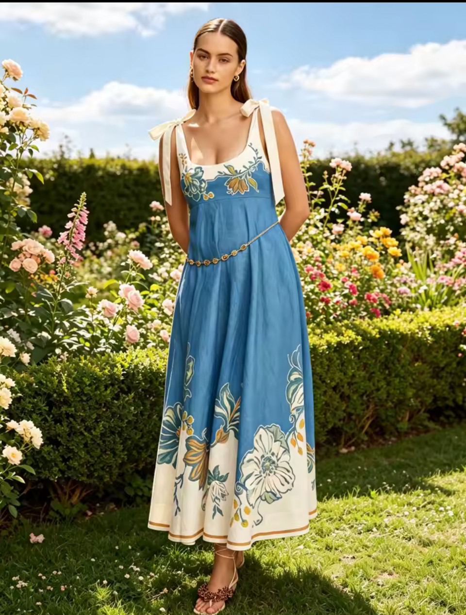 Women’s Parisian Floral Print Bow Shoulder Maxi Dress – Sleeveless Linen Blend Summer Sundress