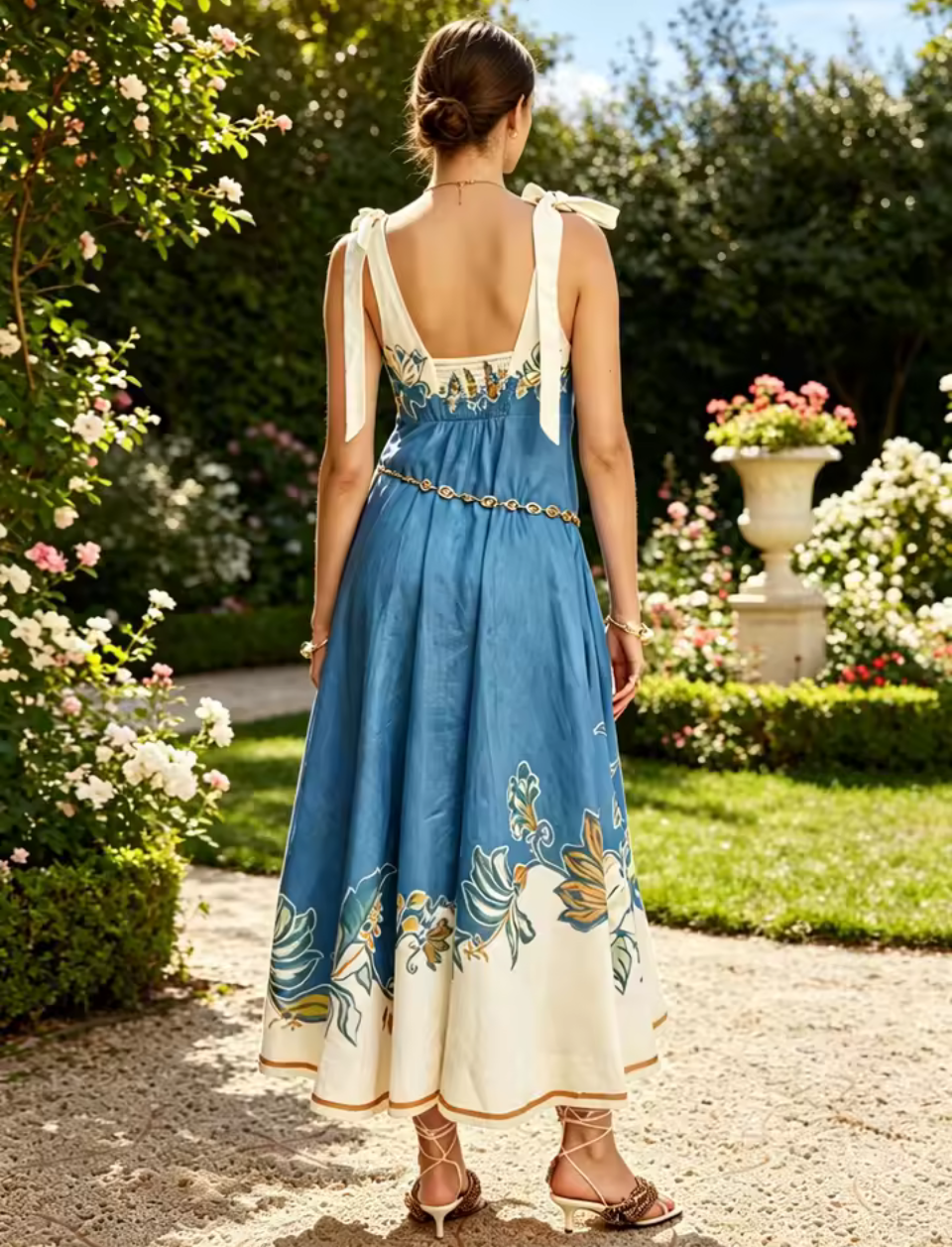 Women’s Parisian Floral Print Bow Shoulder Maxi Dress – Sleeveless Linen Blend Summer Sundress