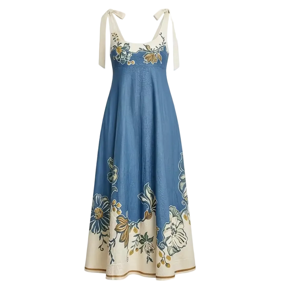 Women’s Parisian Floral Print Bow Shoulder Maxi Dress – Sleeveless Linen Blend Summer Sundress