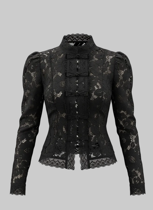 Lace-Detail Button-Front Blouse – L’LUXE Tops