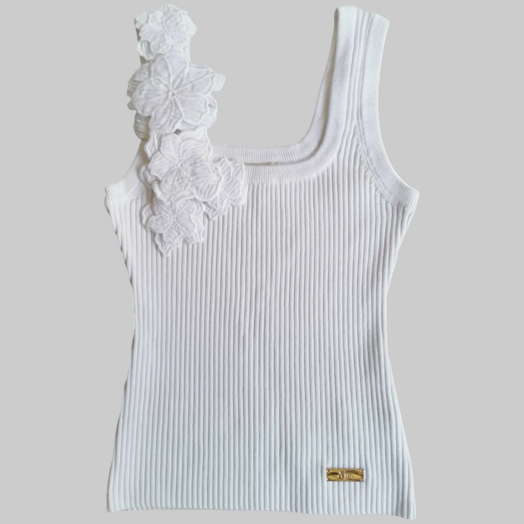 Ribbed Floral Appliqué Knit Tank
