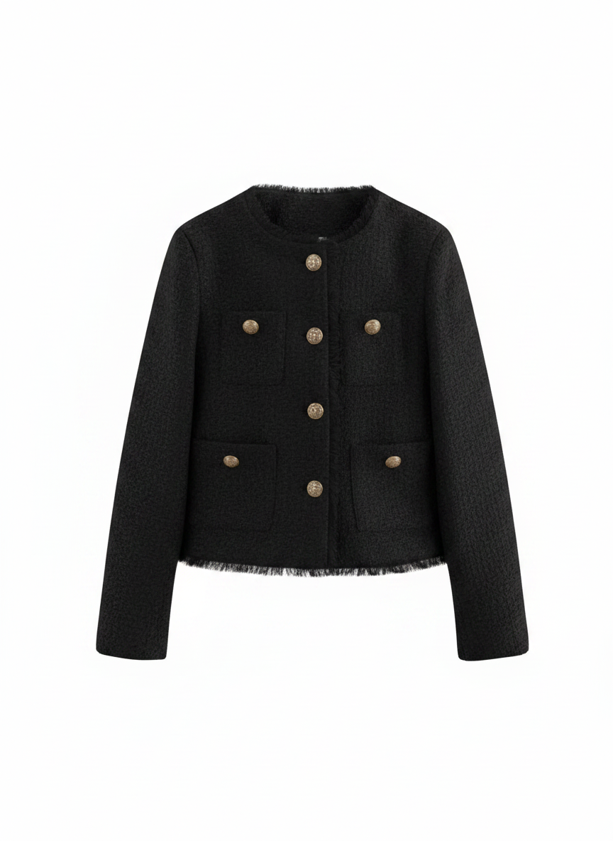 Women’s Cropped Tweed Jacket – Button Front Knit Bouclé Style Short Blazer