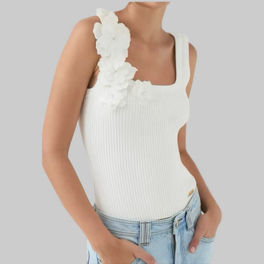 White Ribbed Floral Appliqué Knit Tank | L’LUXE Luxury Edit