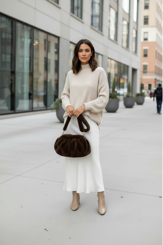 Faux Fur Ruched Shoulder Bag and Clutch | L’LUXE  | Handbags