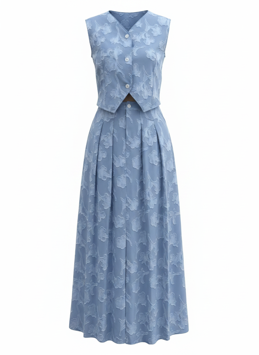 Blue Jacquard Two-Piece Vest & Midi Skirt Set – Sleeveless Summer Matching Outfit