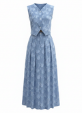 Blue Jacquard Two-Piece Vest & Midi Skirt Set – Sleeveless Summer Matching Outfit