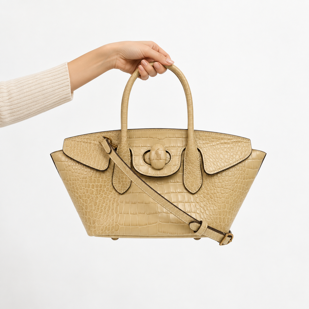 Polo Ralph Lauren Crocodile-Embossed Leather top handle | 2-Way Handbag | Authentic Previously Owned