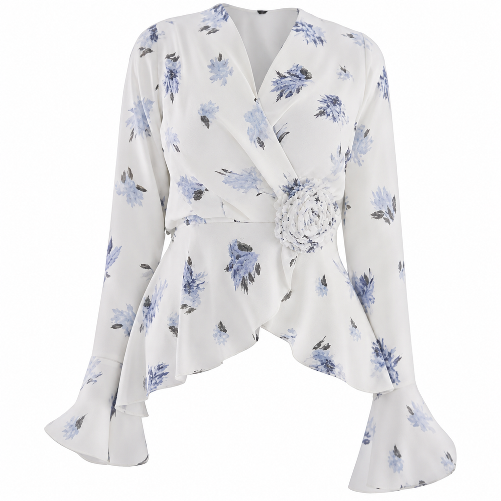 Blue Floral Wrap Blouse & Mermaid Skirt Two-Piece Set