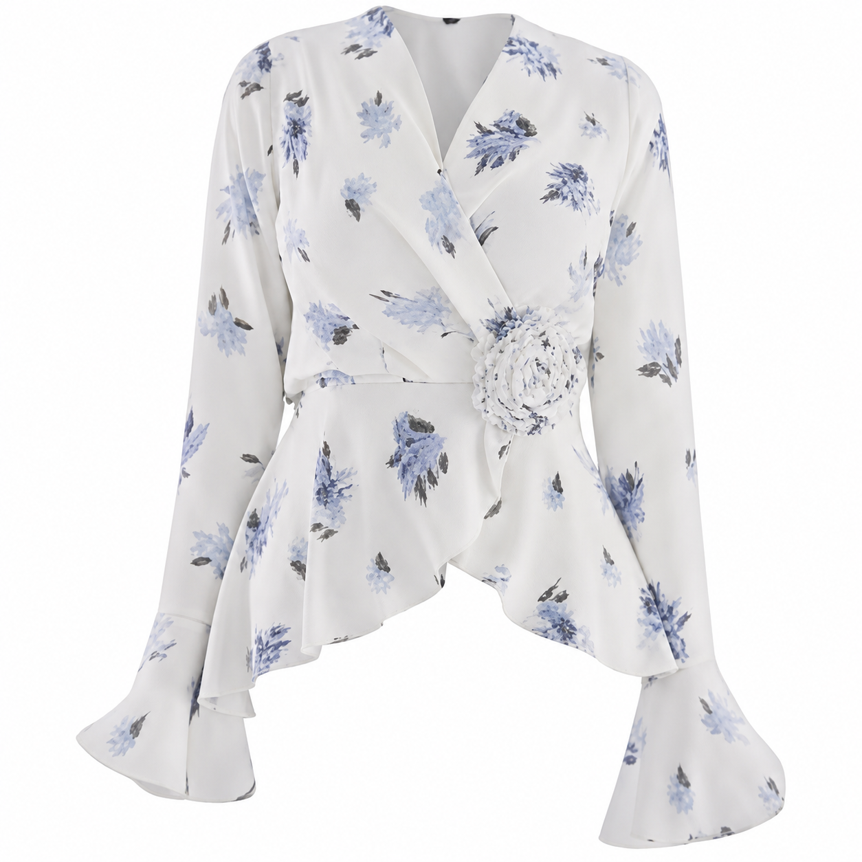 Blue Floral Wrap Blouse & Mermaid Skirt Two-Piece Set