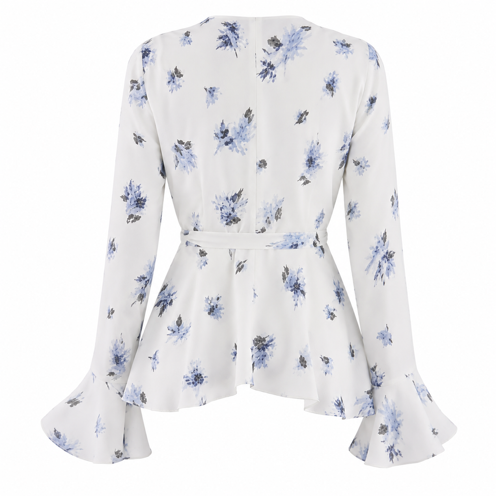 Blue Floral Wrap Blouse & Mermaid Skirt Two-Piece Set