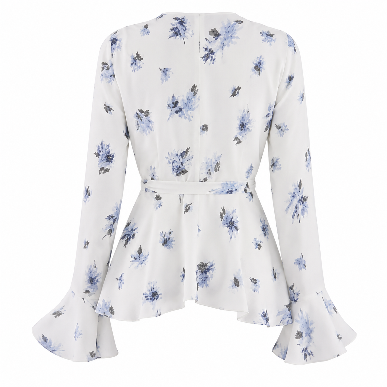 Blue Floral Wrap Blouse & Mermaid Skirt Two-Piece Set
