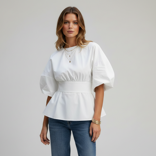 Open-Back Gathered Peplum Top – Short Sleeve Open Back Blouse | L’LUXE Tops
