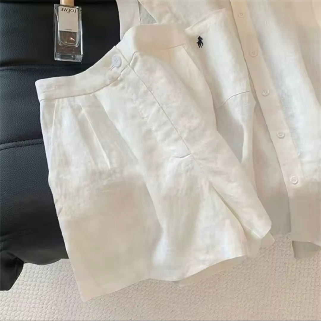 White Cotton Linen Sleeveless Shirt & Wide-Leg Shorts Two-Piece Set