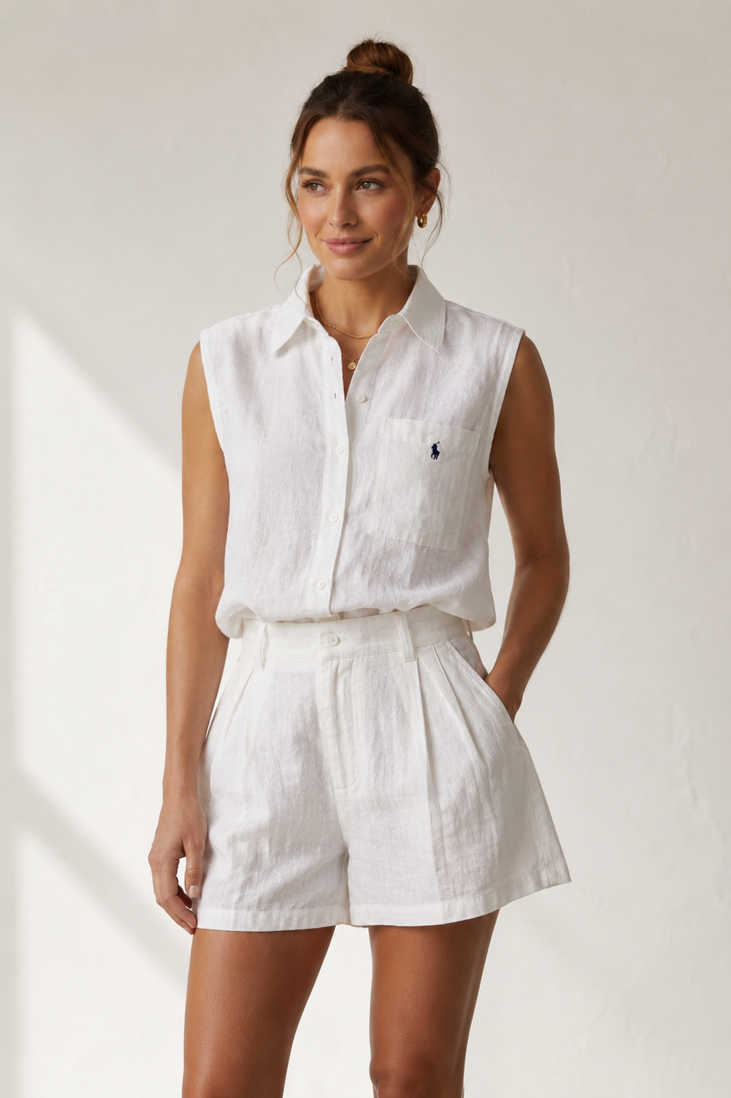 White Cotton Linen Sleeveless Shirt & Wide-Leg Shorts Two-Piece Set