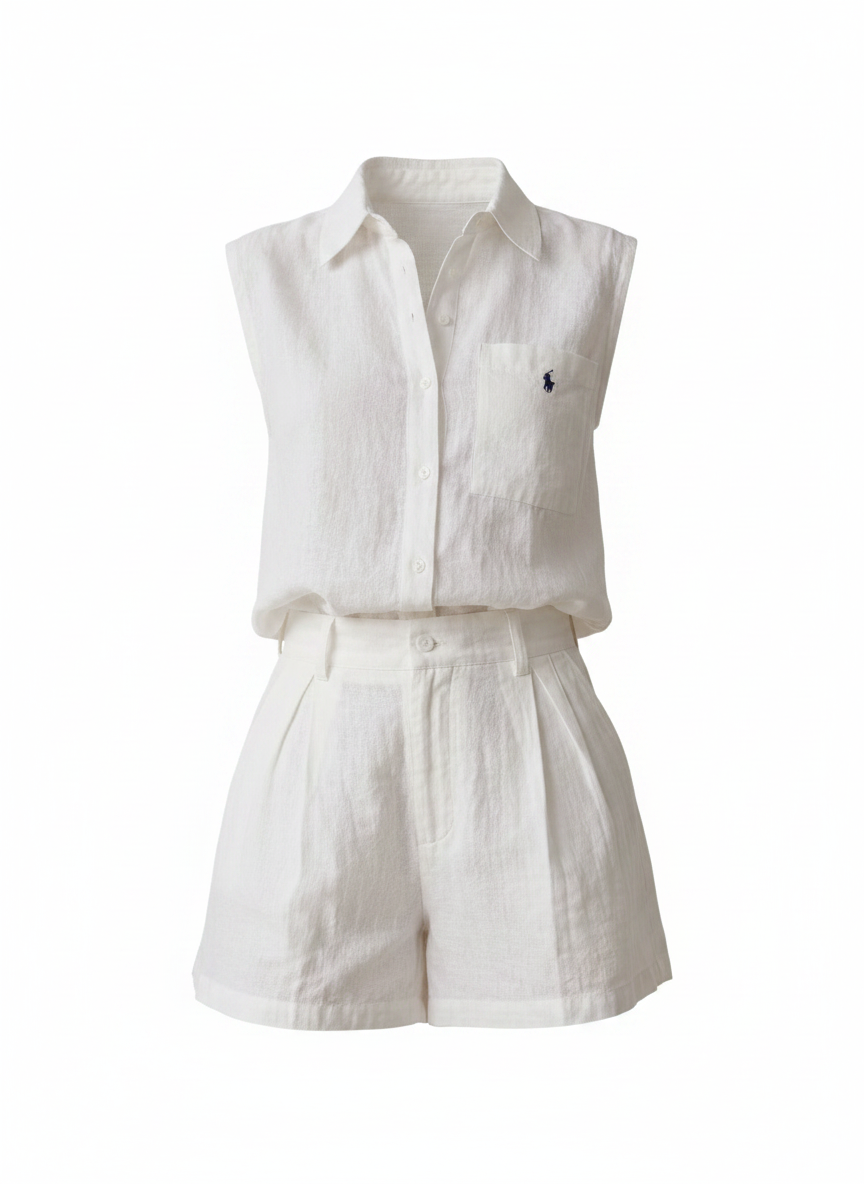 White Cotton Linen Sleeveless Shirt & Wide-Leg Shorts Matching Two-Piece & Co-Ord Outfit