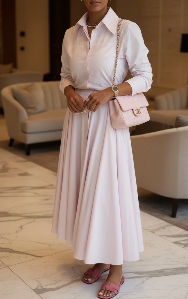 Blush Pink Two Piece Maxi Skirt Set for Women | Cropped Shirt & Pleated A-Line Skirt | Summer Co-Ord Set