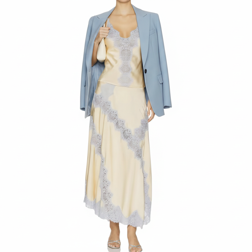 Blue Lace Embroidered Camisole & Maxi Skirt Set