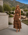 Brown Pearl Trim Sleeveless Top & Tiered Midi Skirt Set | Ruffle Two-Piece Set