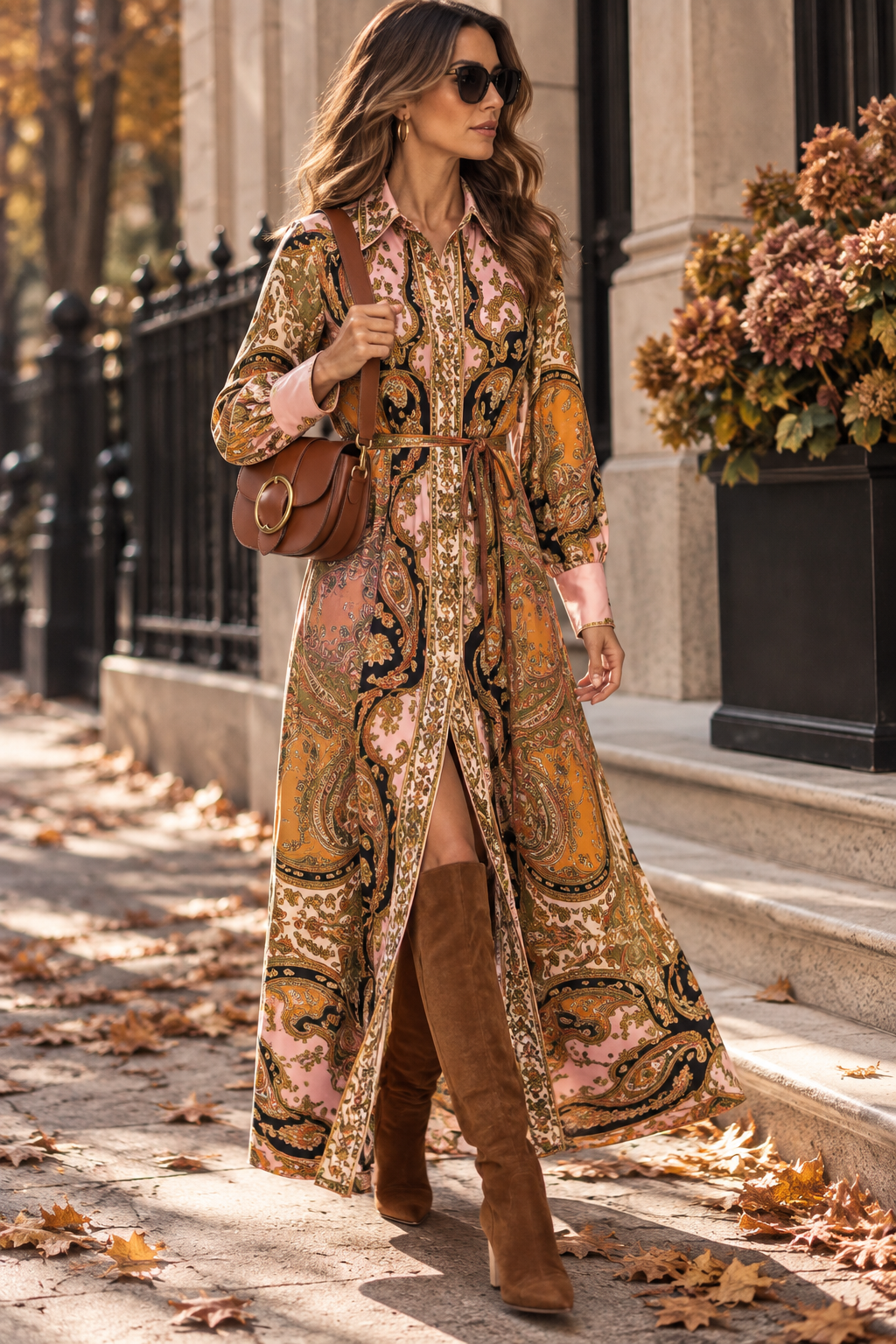 L’LUXE Ornamental Paisley Scarf Print Maxi Shirt Dress with Tie Belt – Pink & Orange