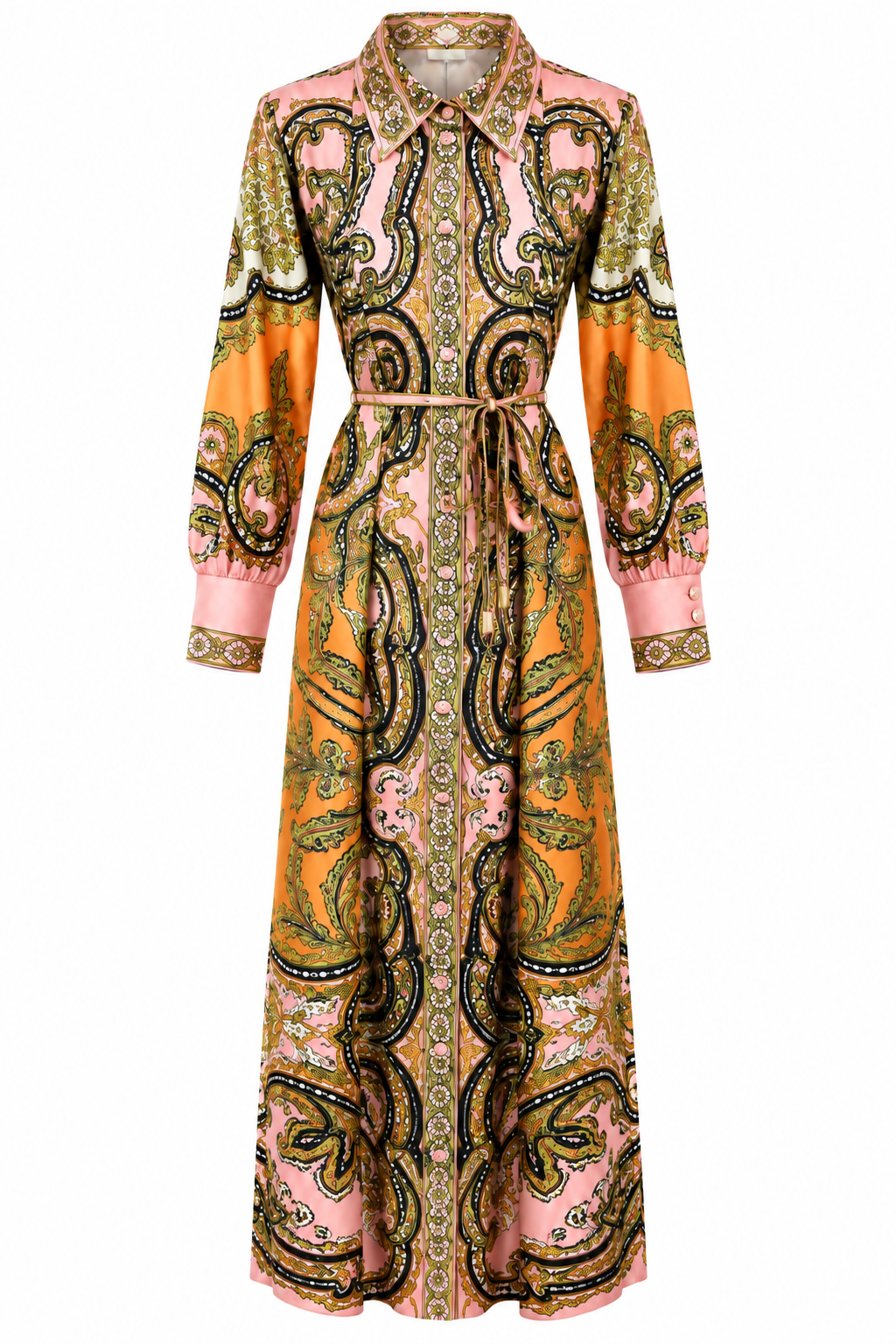 L’LUXE Ornamental Paisley Scarf Print Maxi Shirt Dress with Tie Belt – Pink & Orange