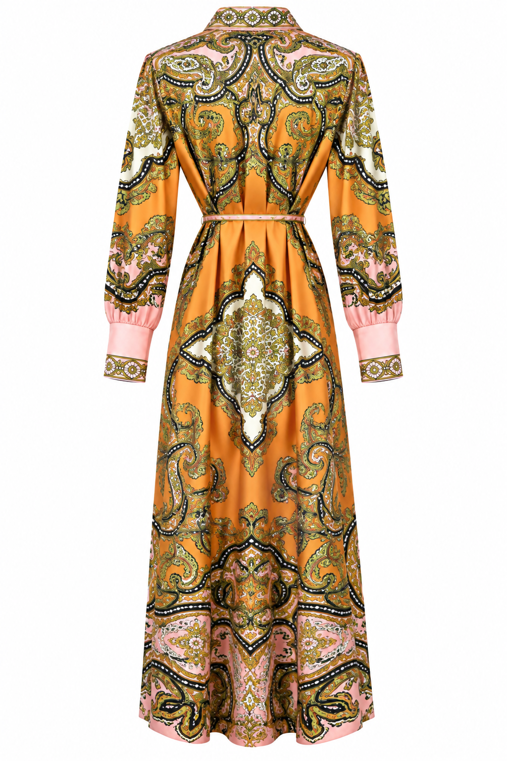 L’LUXE Ornamental Paisley Scarf Print Maxi Shirt Dress with Tie Belt – Pink & Orange