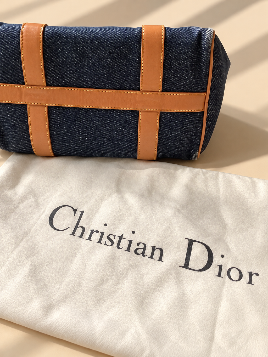 Dior Vintage Blue Denim Mini Boston Handtasche mit Lederbesatz, gebraucht, authentisch