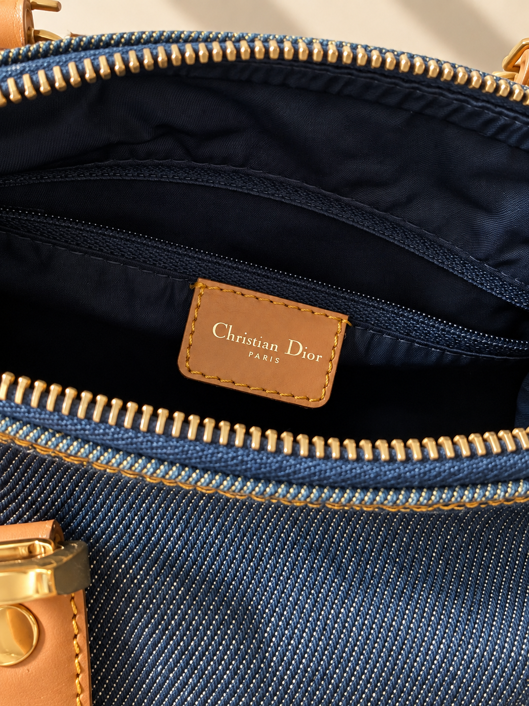 Dior Vintage Blue Denim Mini Boston Handtasche mit Lederbesatz, gebraucht, authentisch