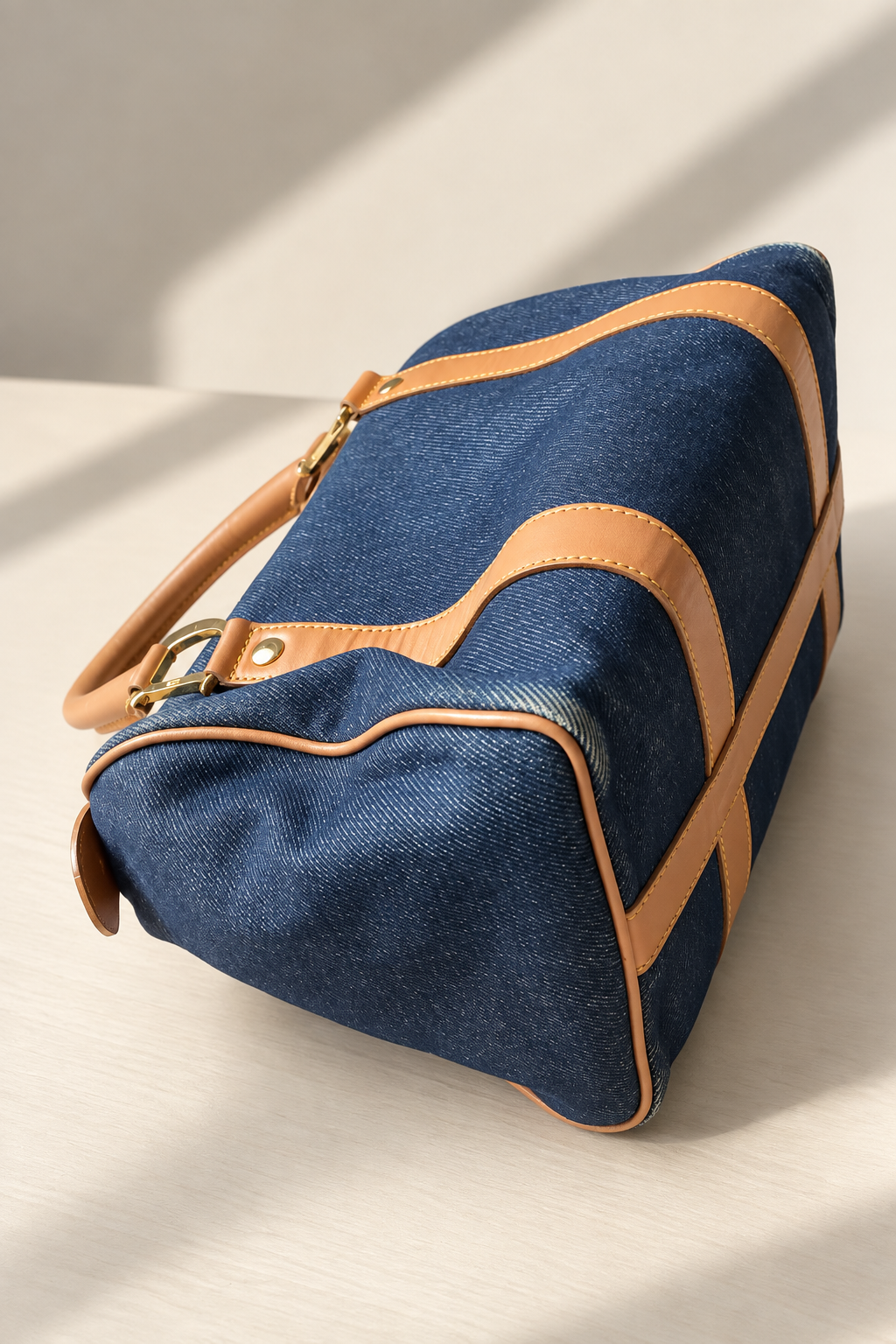 Dior Vintage Blue Denim Mini Boston Handtasche mit Lederbesatz, gebraucht, authentisch