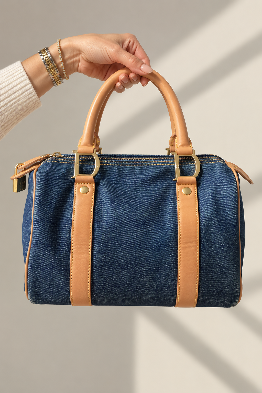 Dior Vintage Blue Denim Mini Boston HandBag with Leather Trim previously Owned Authentic