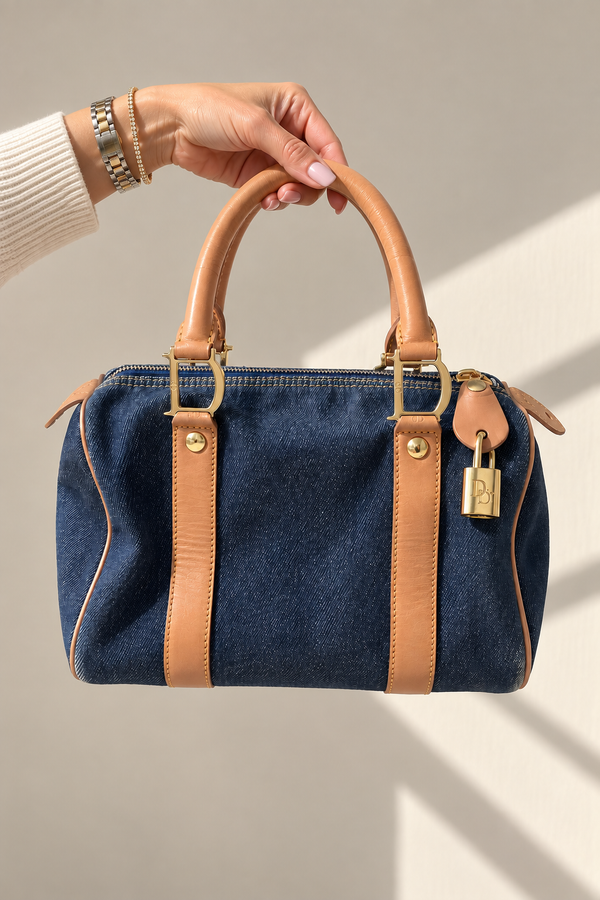 Dior Vintage Blue Denim Mini Boston Handtasche mit Lederbesatz, gebraucht, authentisch