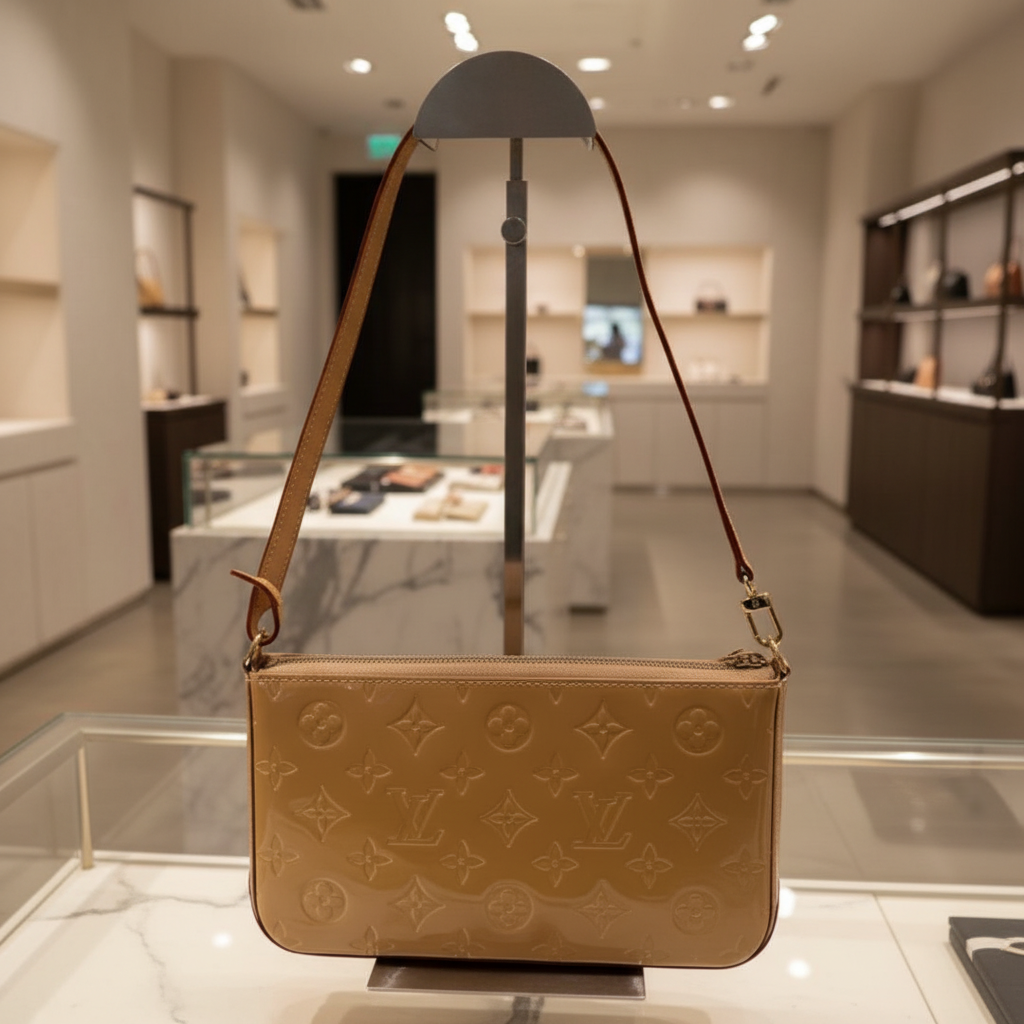 LOUIS VUITTON Vernis Mallory Square Beige Patent Leather Shoulder Bag previously owned Authentic