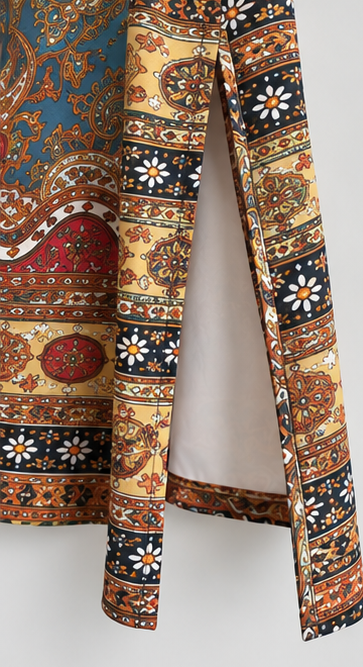 L’LUXE Ornamental Paisley Straight-Fit Maxi Shirt Dress with Tie Belt