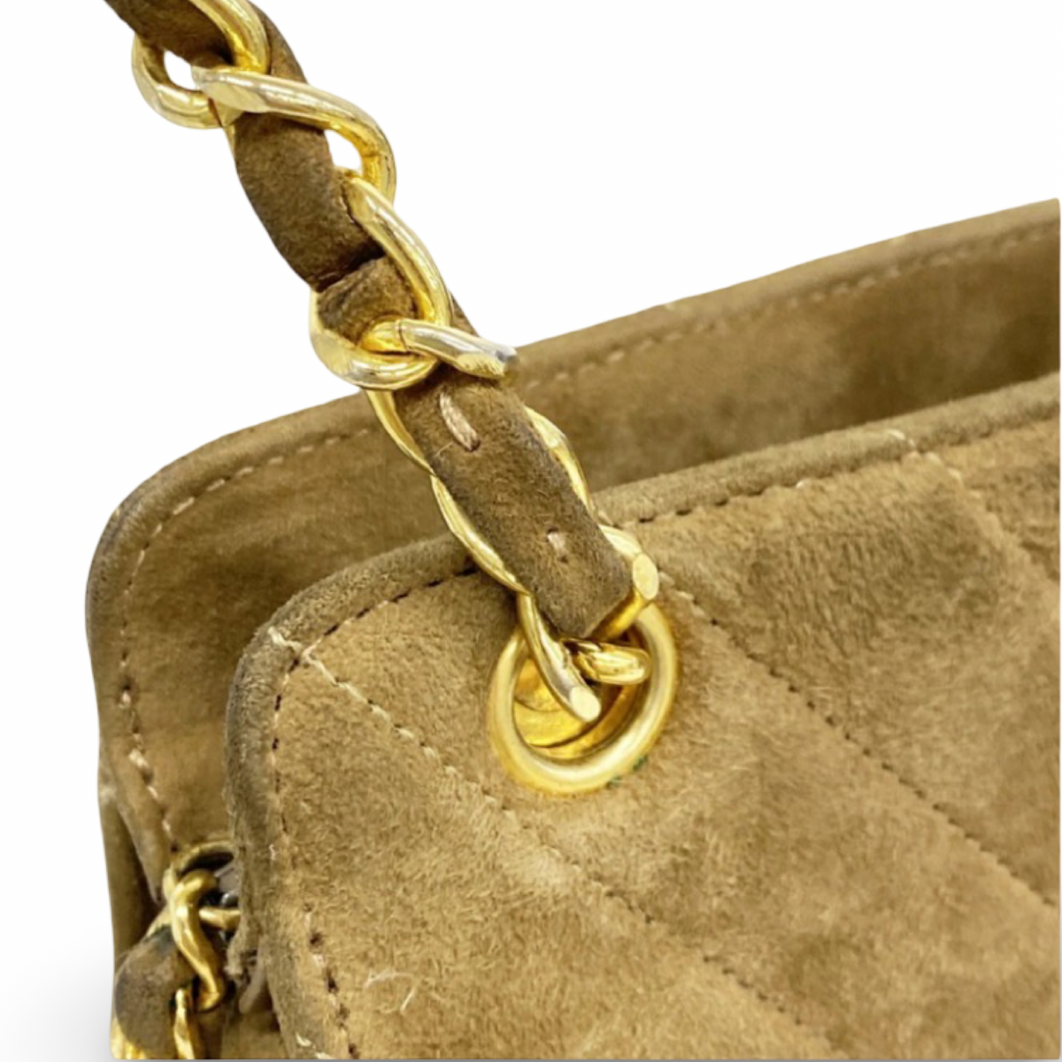 CHANEL – Vintage V-Stitch Suede Chain Shoulder Bag – Brown &amp; Gold – Previously Owned
