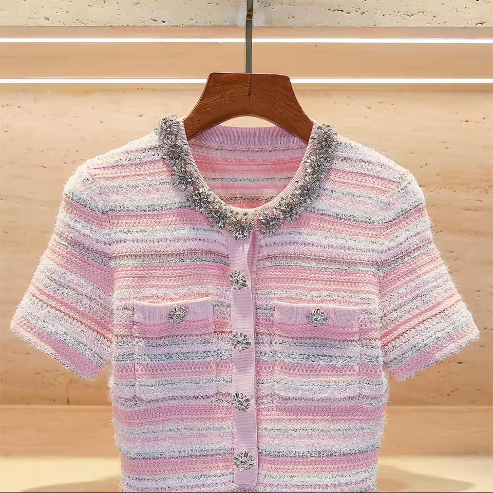Pink Textured Striped Knit Mini Dress with Embellished Collar