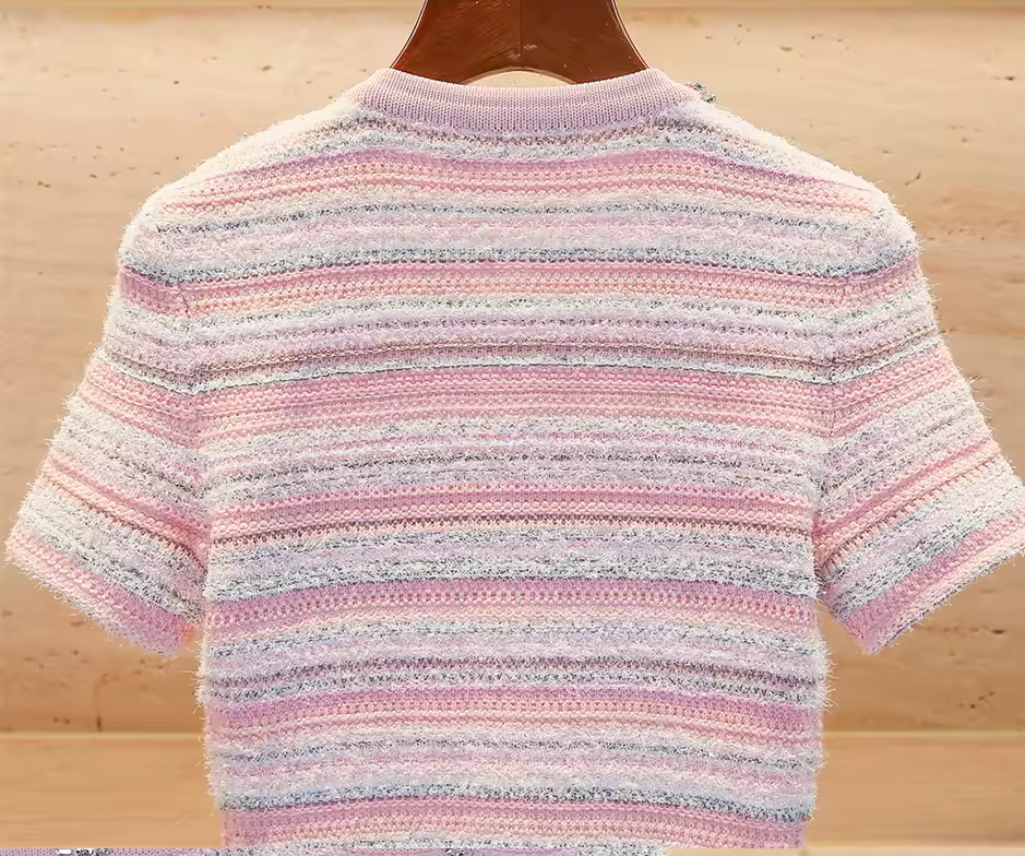 Pink Textured Striped Knit Mini Dress with Embellished Collar