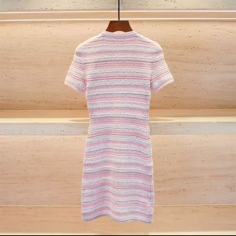 Pink Textured Striped Knit Mini Dress with Embellished Collar