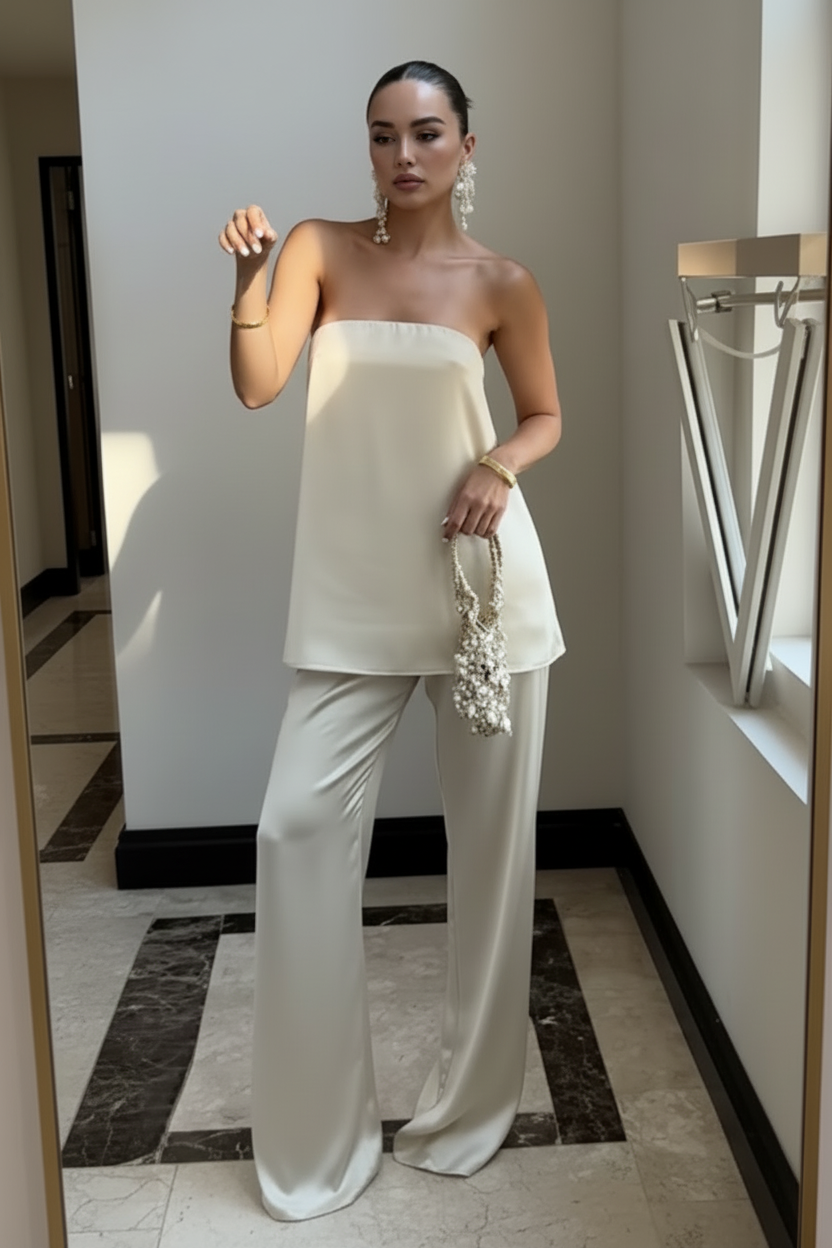 Satin Off-Shoulder Top & High-Waist Trousers Set