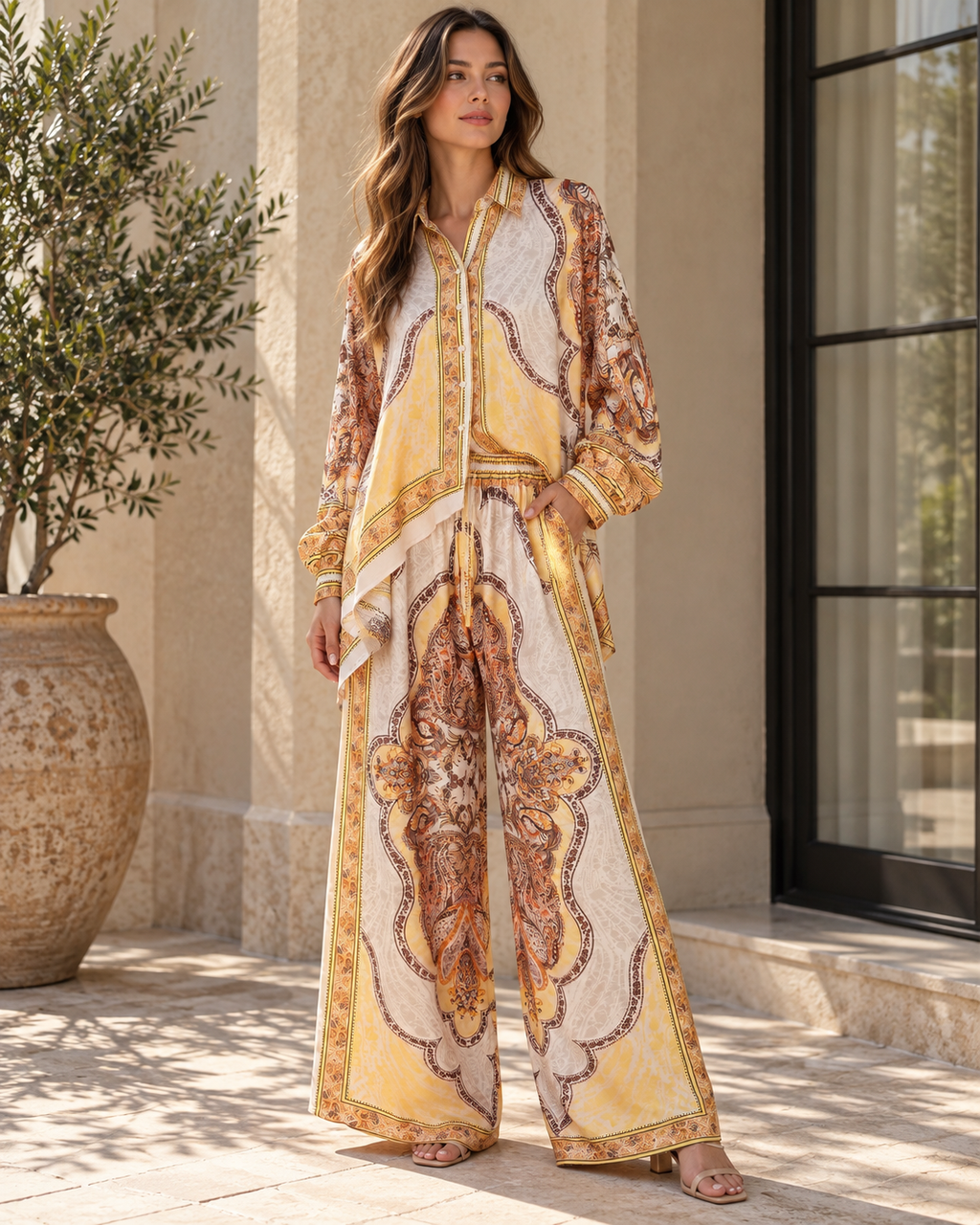 Golden Paisley Two-Piece Shirt & Wide-Leg Pant Set