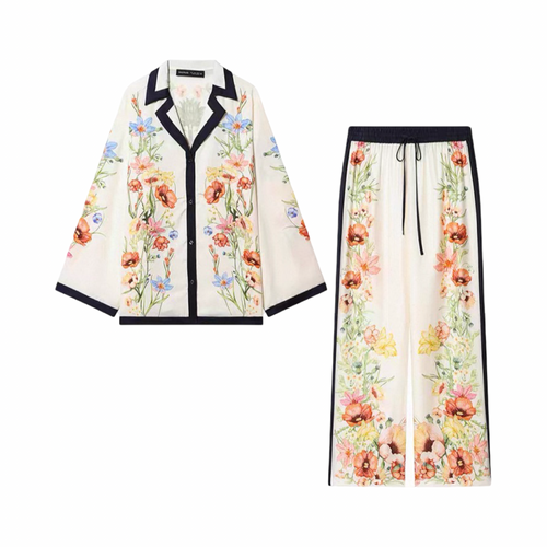 Botanical Floral Two-Piece Shirt & Wide-Leg Pant Set