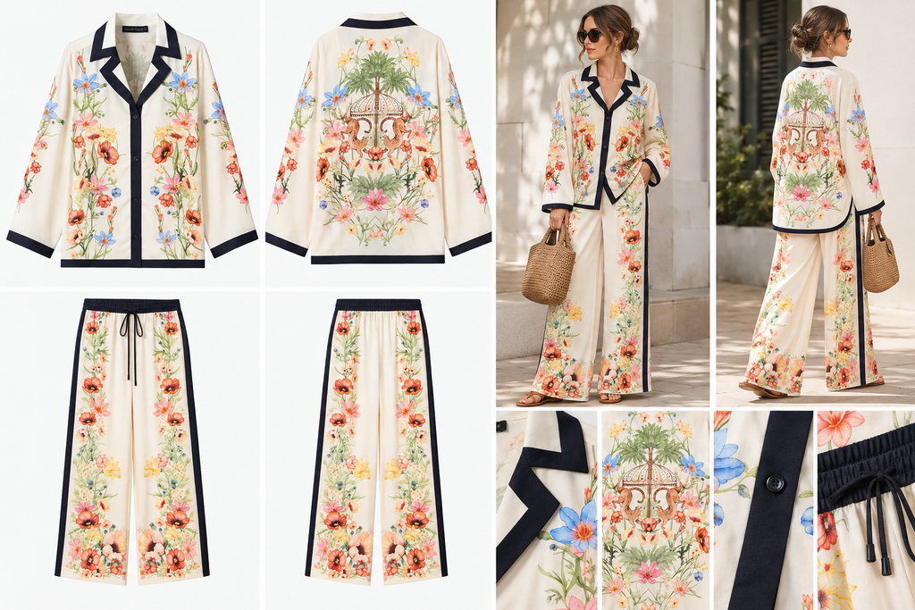Botanical Floral Two-Piece Shirt & Wide-Leg Pant Set