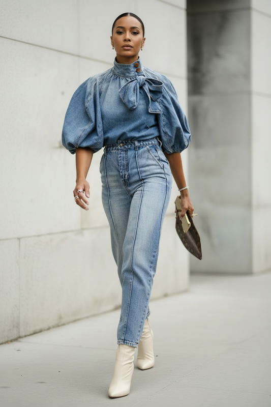 Lightweight Denim Bow-Tie Blouse | L’LUXE Tops