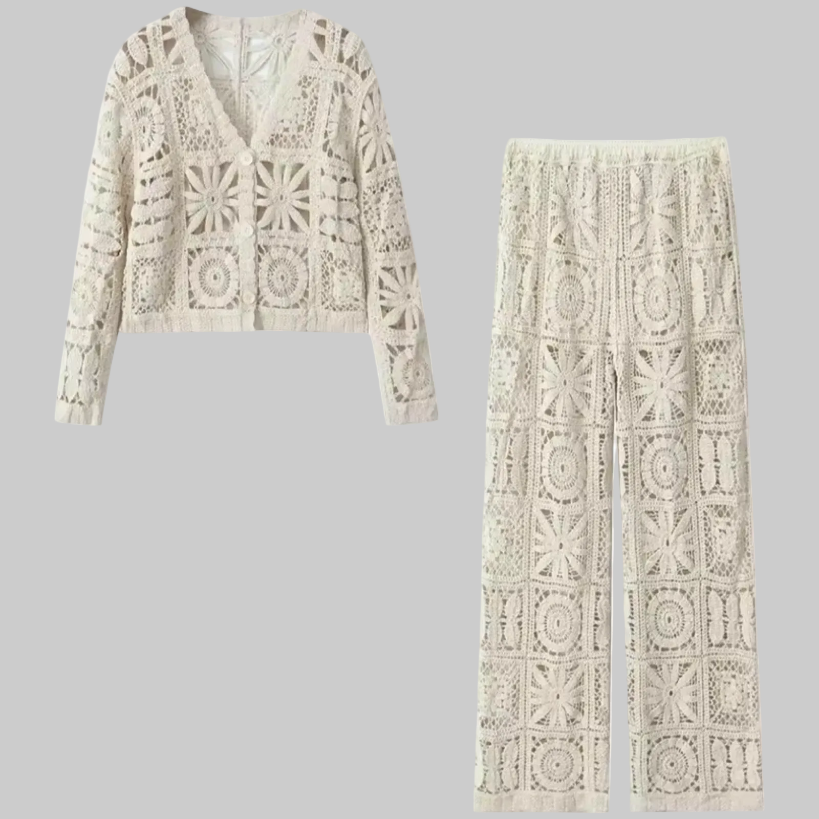 Openwork Crochet Knit Wide Leg Pants set