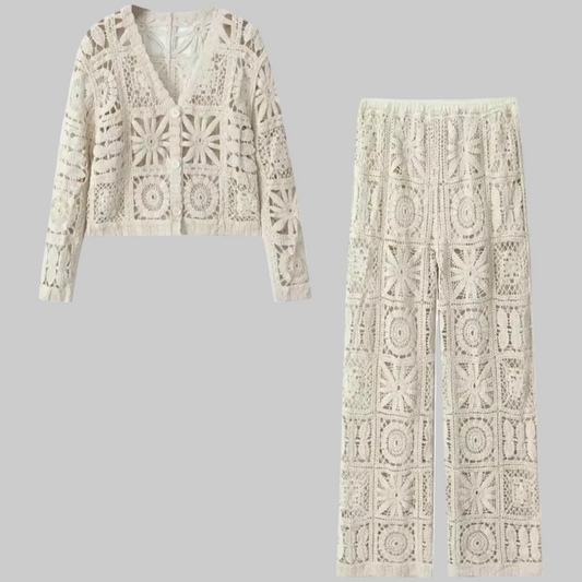 Openwork Crochet Knit Wide-Leg Pants – Cream | L’LUXE Matching Sets
