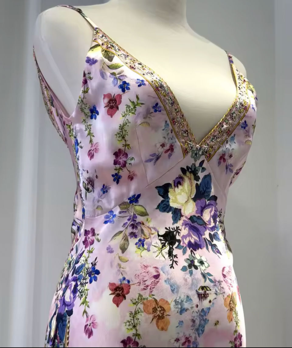 L’LUXE Pink Floral Silk Maxi Dress – Crystal Beaded Backless Evening Gown