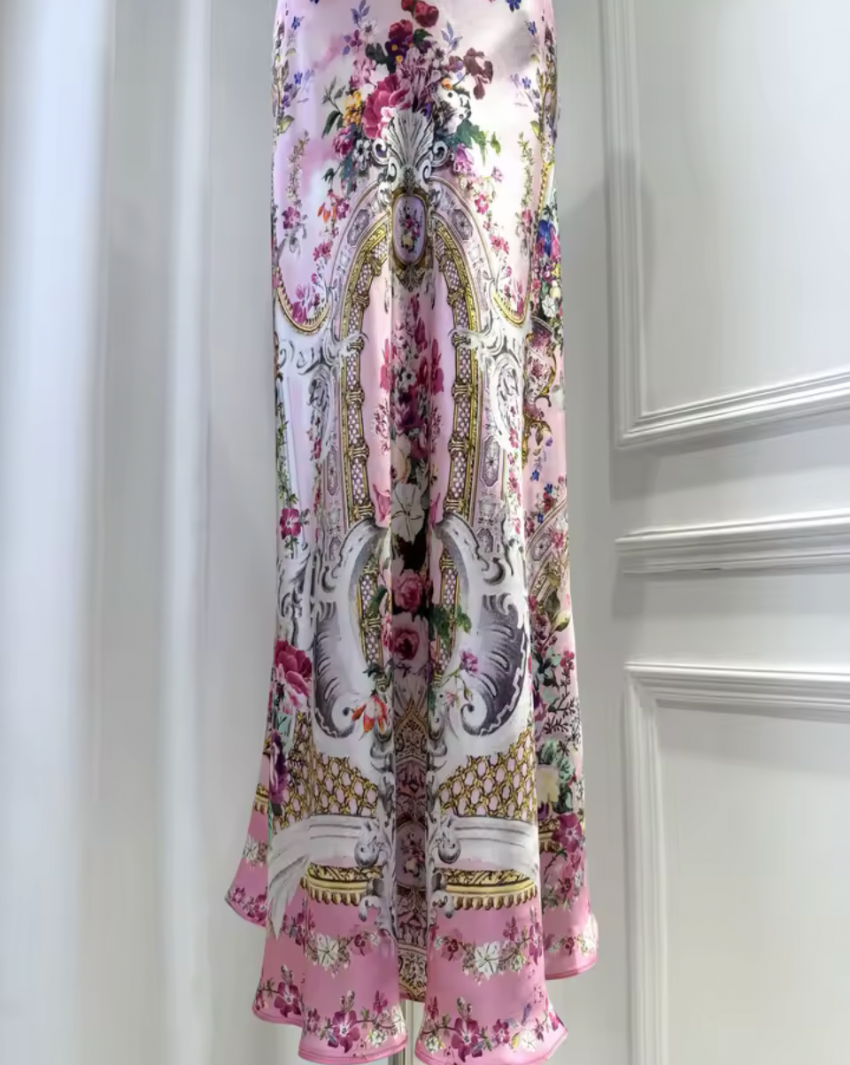 L’LUXE Pink Floral Silk Maxi Dress – Crystal Beaded Backless Evening Gown