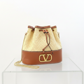 Valentino Garavani V Logo Raffia Bucket Bag Leather Trim Previously Owned Authentic