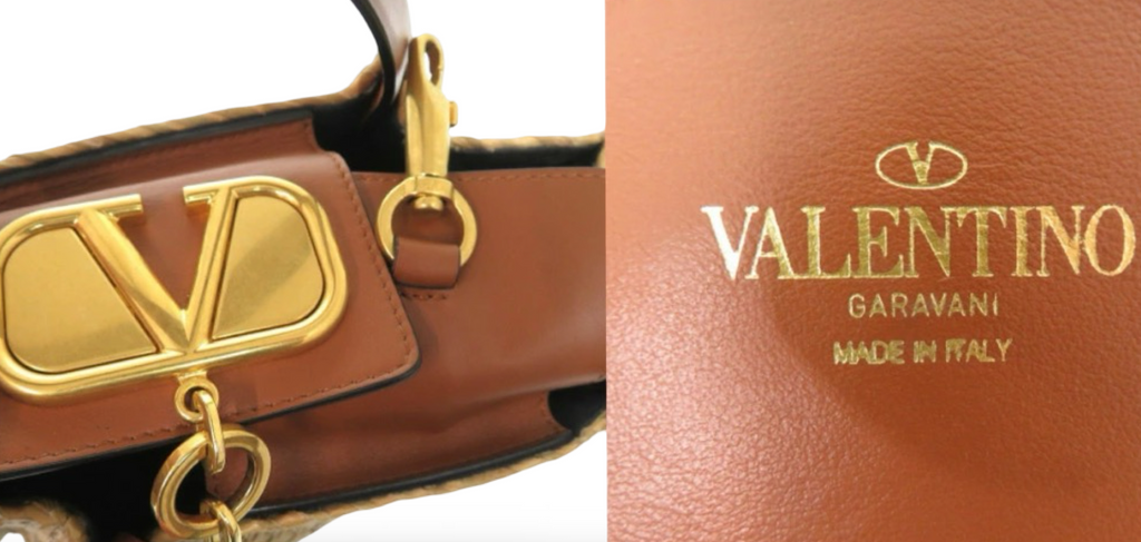 Valentino Garavani V Logo Raffia Bucket Bag Leather Trim Previously Owned Authentic