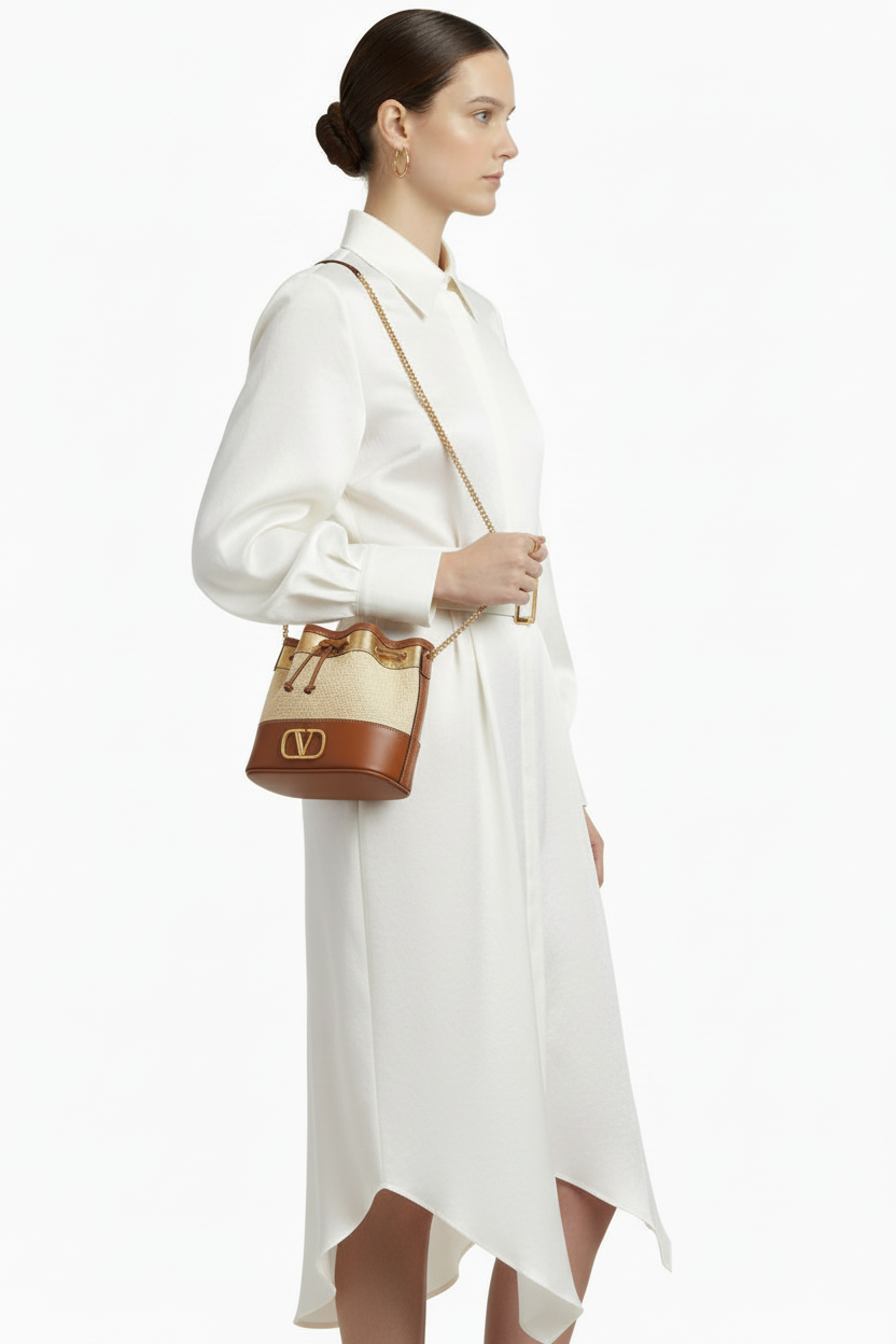 Valentino Garavani V Logo Raffia Bucket Bag Leather Trim Brown – Very Good Condition | L’LUXE Authentic’s